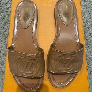Louis Vuitton Brown Leather LV Logo Slide Sandals - size 38